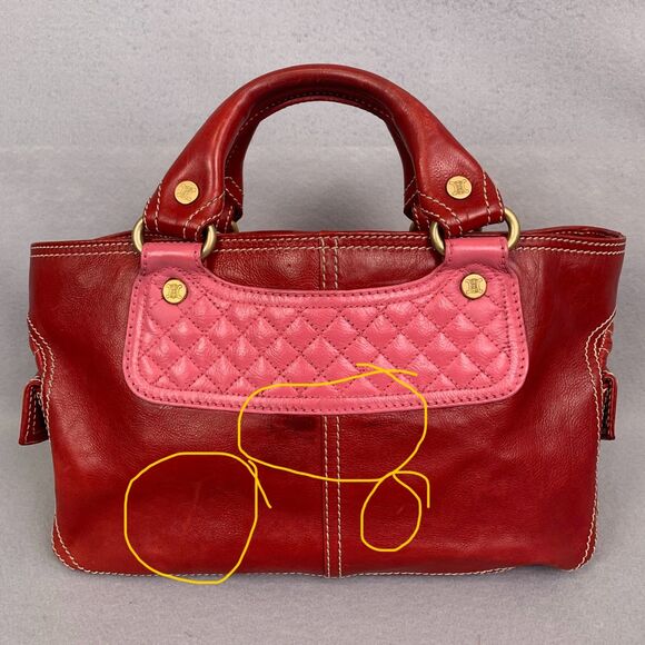 Celine Red Leather Satchel Bag Pink Quilted Detail Designer Purse Classic Luxury - Picture 4 of 9